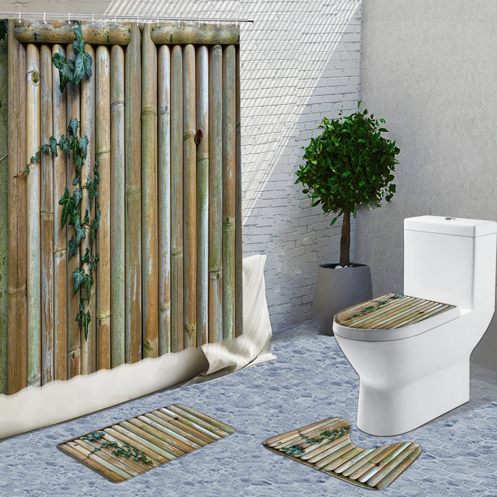 

Wooden Fence With Green Branches And Leaves Shower Curtain Fabric European Retro Gate Bath Decor Curtain Toilet Rugs 4-Piece Set