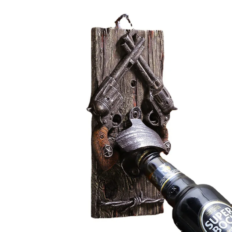 

Wall Mounted Opener Resin Craft Vintage Double Gun Wine Soda Beer Bottle Opener Kitchen Accessories Wall Hanger Decor Bar Tools