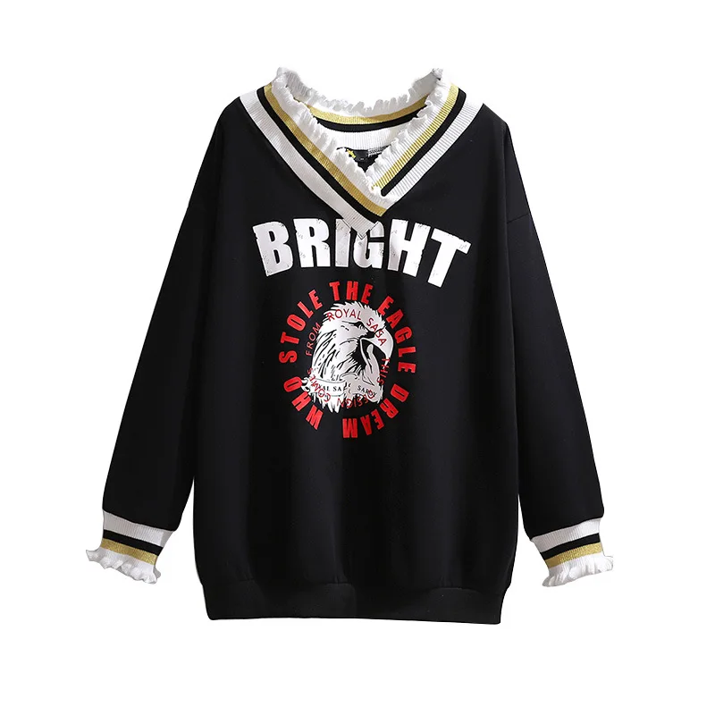 

150KG Plus Size New Ladies Autumn Winter Black Tops For Women Large Long Sleeve Loose Black Print Cotton Thick T-shirt 6XL 7XL