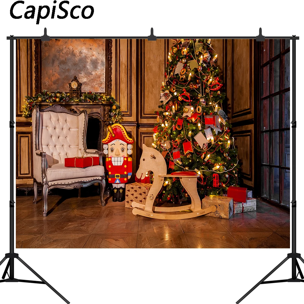 Рождественские фоны для фотосъемки камин дерево подарки деревянная лошадь