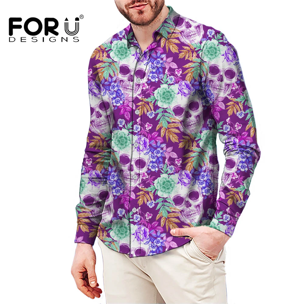 FORUDESIGNS/Мужская рубашка цвета фуксии с неоновым черепом и цветочным узором