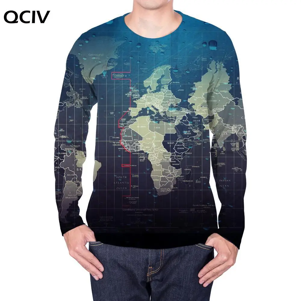 

QCIV World Map Long sleeve T shirt Men Pattern Funny T shirts Creativity Punk Rock Harajuku 3d Printed Tshirt Mens Clothing New