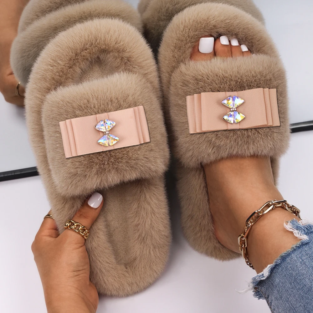 Women Sandals Fuzzy Slides Fashion Bow Decor Fluffy Slippers Luxury Brand High Quality Female Outdoor Casual Shoes Furry Slipper