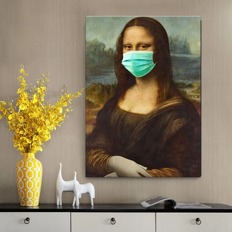 

Canvas Painting Mona Lisa Wear Mask Poster Wall Art Decoration Print Canvas Picture for Living Room Home Decor