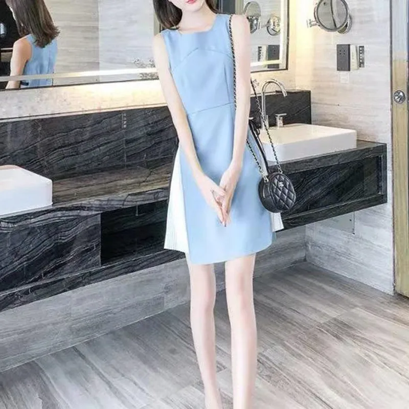 

2021 new summer French fashion solid color slim slimming stitching sleeveless small chiffon dress women's clothing