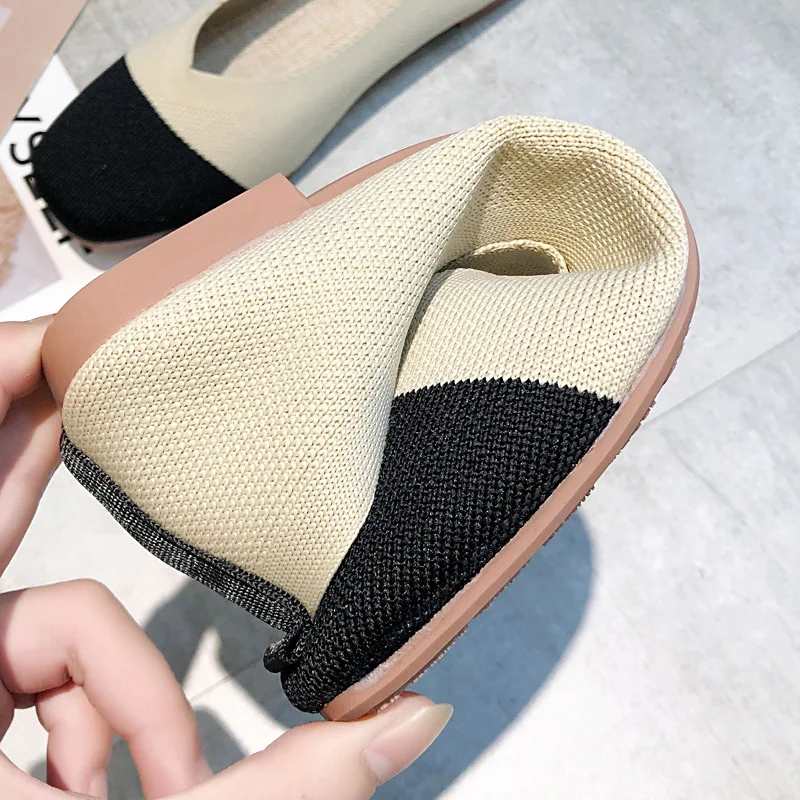 2020 Женская квадратная голова Flache Schuhe Atmungs Stricken Spitze Mischfarbe frauen Weiche Frauen Zapato de|Обувь