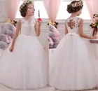 Простые кружевные платья с цветочным узором для девочек на свадьбу, с круглым вырезом, фатиновое кружевное бальное платье в пол с открытой спиной, платье подружки невесты для девочек