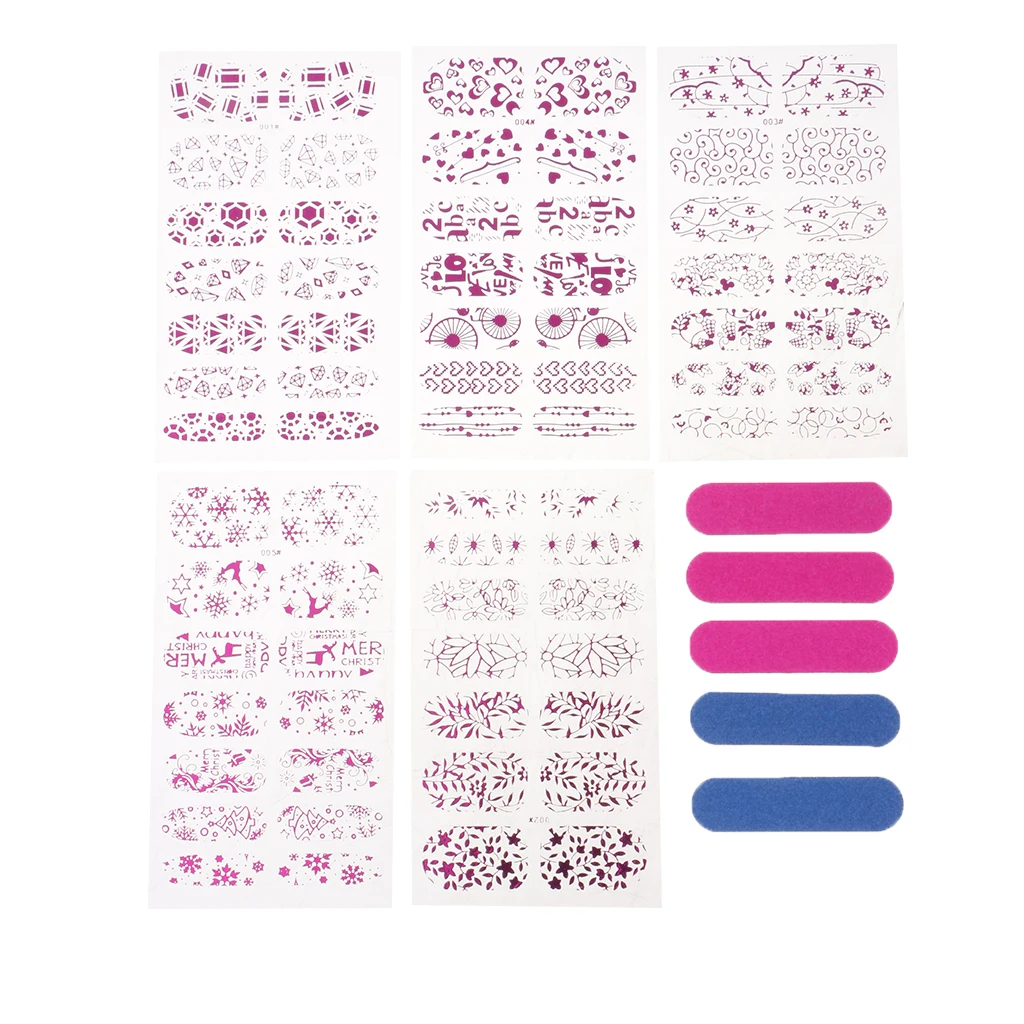 

5 PCS Transfer Stickers Flowers Glitter&Shimmer DIY Nail Decorations Charms with 5x Nails File and Buffers