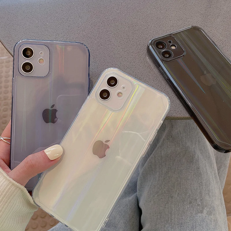 

Korean style luxury Clear Black Phone Case For iPhone 12 11 Pro Max X XS Max XR 8 7 Plus SE Soft Shockproof Bling luminous Cover