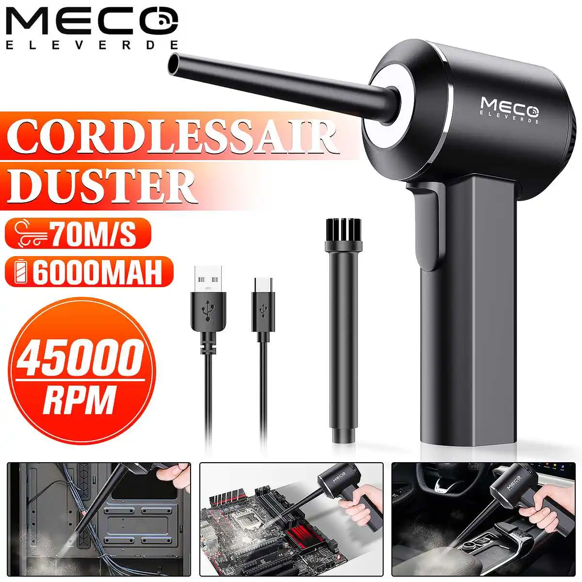 MECO 45000RPM Wireless Air Duster USB Dust Blower Handheld Compressed Cleaning Tool PC Laptop Car Keyboard Electronics 6000mAh