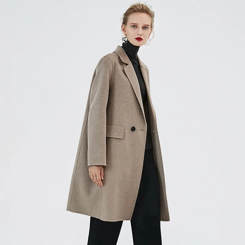 

2019 autumn newest overcoat fashion woman elegant Khaki black suit cashmere coat slim lady double-row buckle wool topcoat