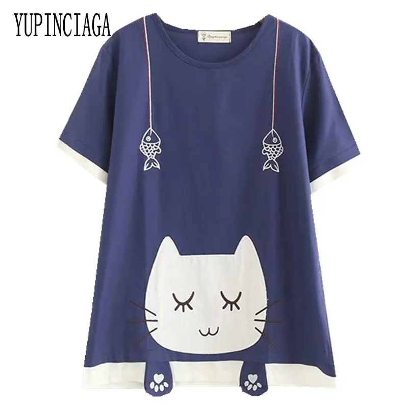 

Женские футболки с изображением из мультфильма Lucky Cat в японском стиле Харадзюку, летние хлопковые топы с коротким рукавом и круглым вырезом, женская футболка YUPINCIAGA