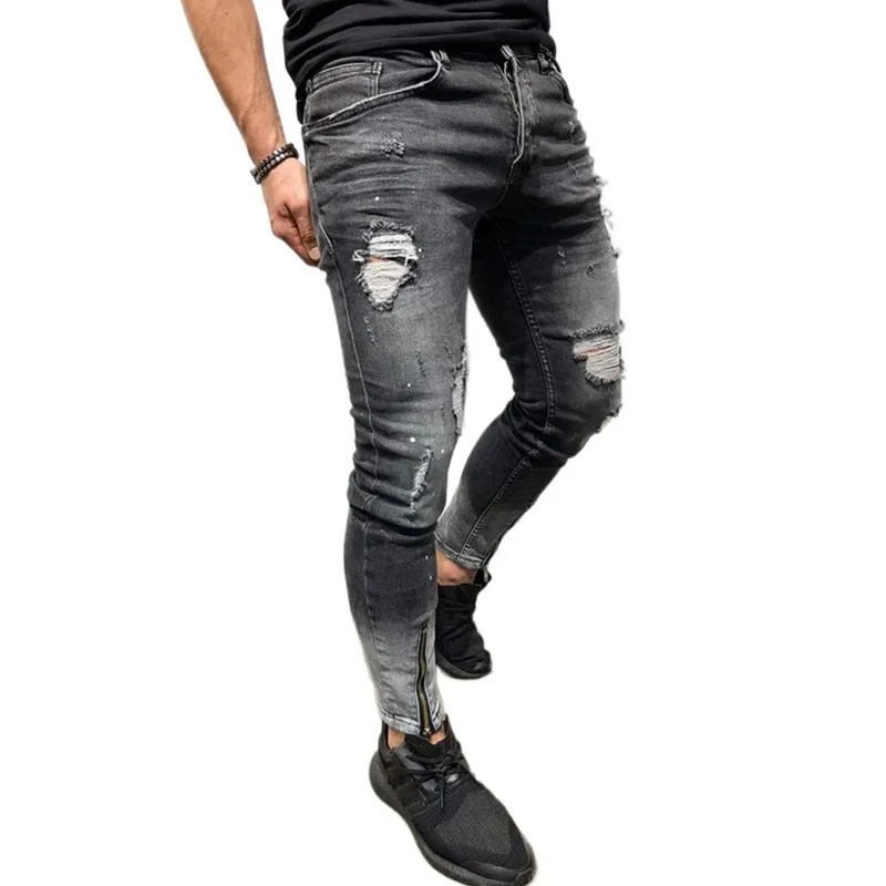 Мужские рваные джинсы на молнии модные облегающие брюки-карандаш с эффектом