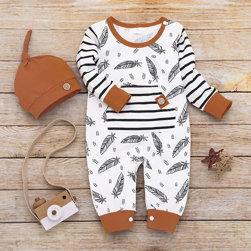 

Baby Boy Autumn Clothes Newborn Infant Baby Girl Boy Feather Clothes Long Sleeve Romper Jumpsuit 100% Cotton +Hat Home Outfit