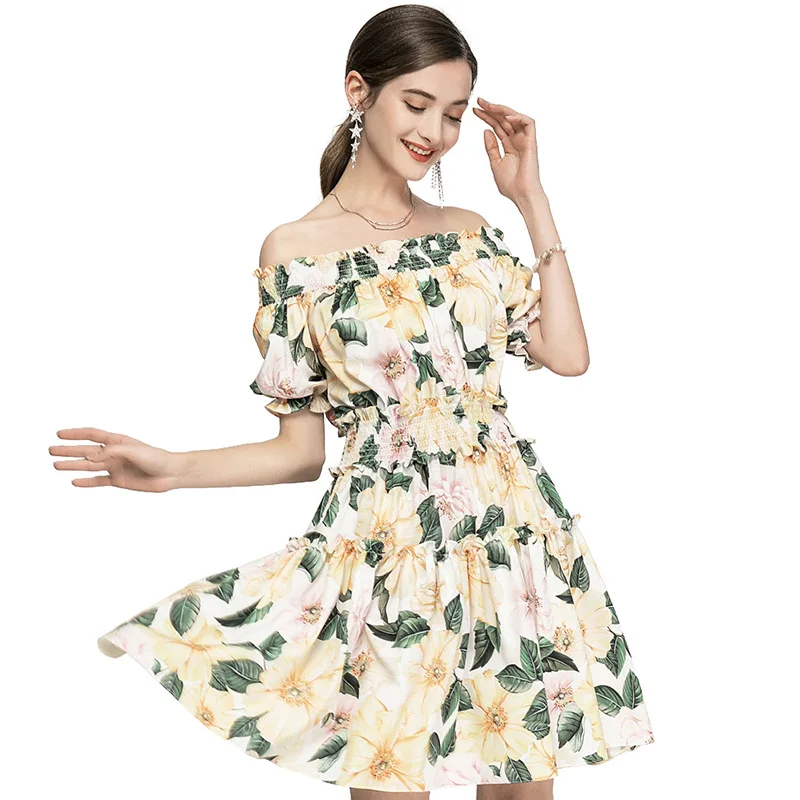 

Floral Print Fashion off-Shoulder Short Sleeve Dress Women's Clothing 2021 Summer New Elastic Waist Temperament Short Skirt