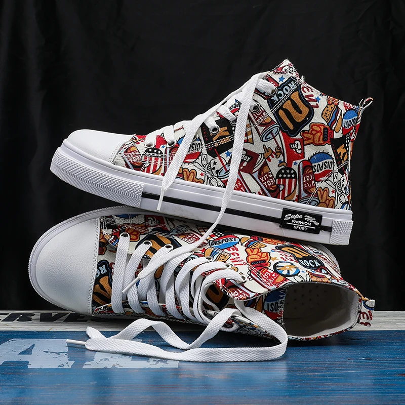Fashion Sneakers Men Canvas Shoes Breathable Cool Street Graffiti Shoes Lovers Comfortable Shoes Flats Casual Vulcanized Shoes
