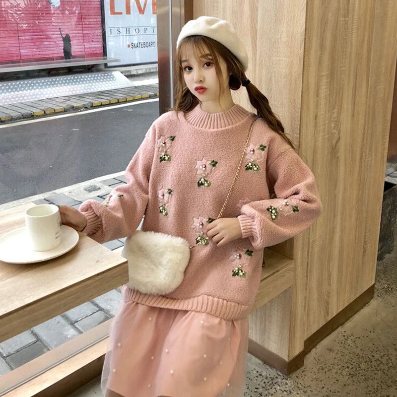 Средний и длинный секционный свободный милый жаккардовый свитер с цветочным