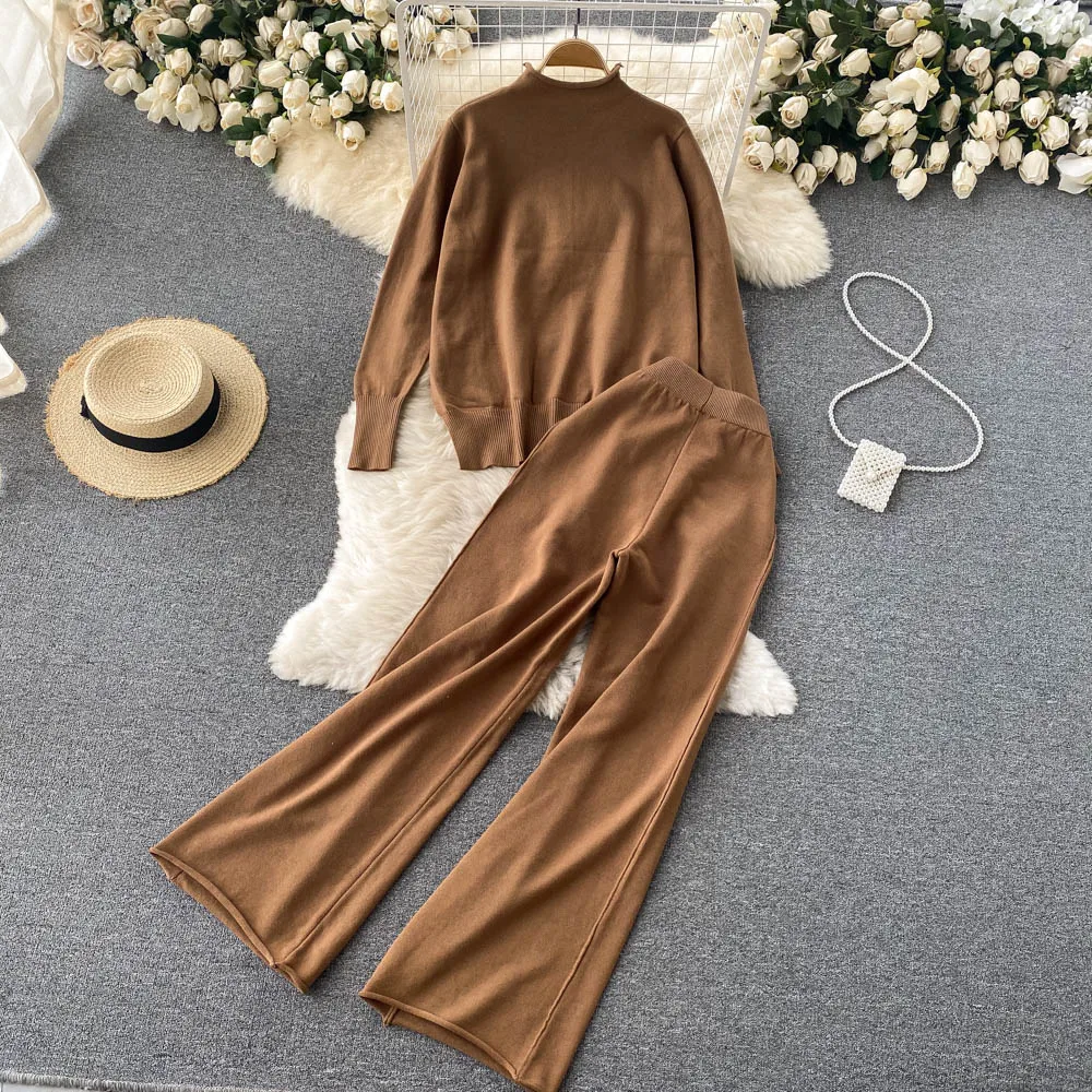 WIGADFHK Women Autumn Winter Fashion Korean Set Design Irregular Split Tops+High Waist Wide Leg Long Pants Two Piece Suits New