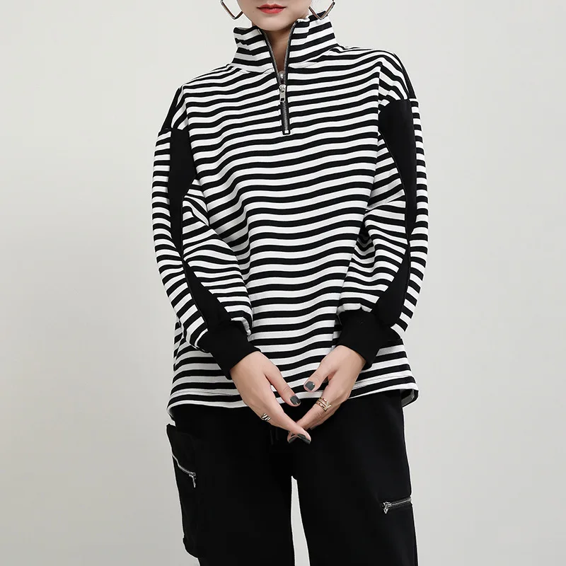 

Korean Temperament Commuter Roll Edge Cotton Plaid Stripe Black High Collar Pullover Autumn Winter Women's Wear