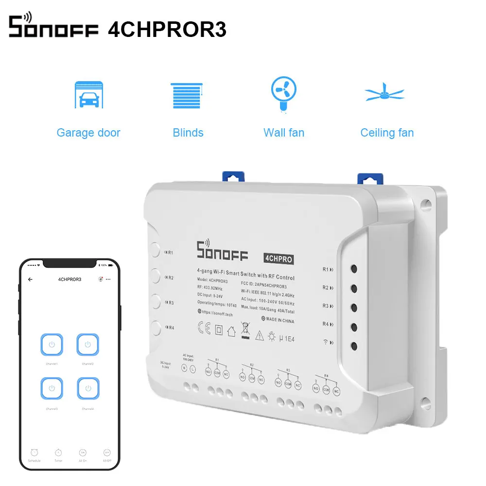 

Смарт-переключатель Sonoff 4CHPROR3 4 Gang RF 433 МГц, Поддержка блокировки, самоблокировка, ввод 3 режима работы через eWeLink APP Alexa IFTTT