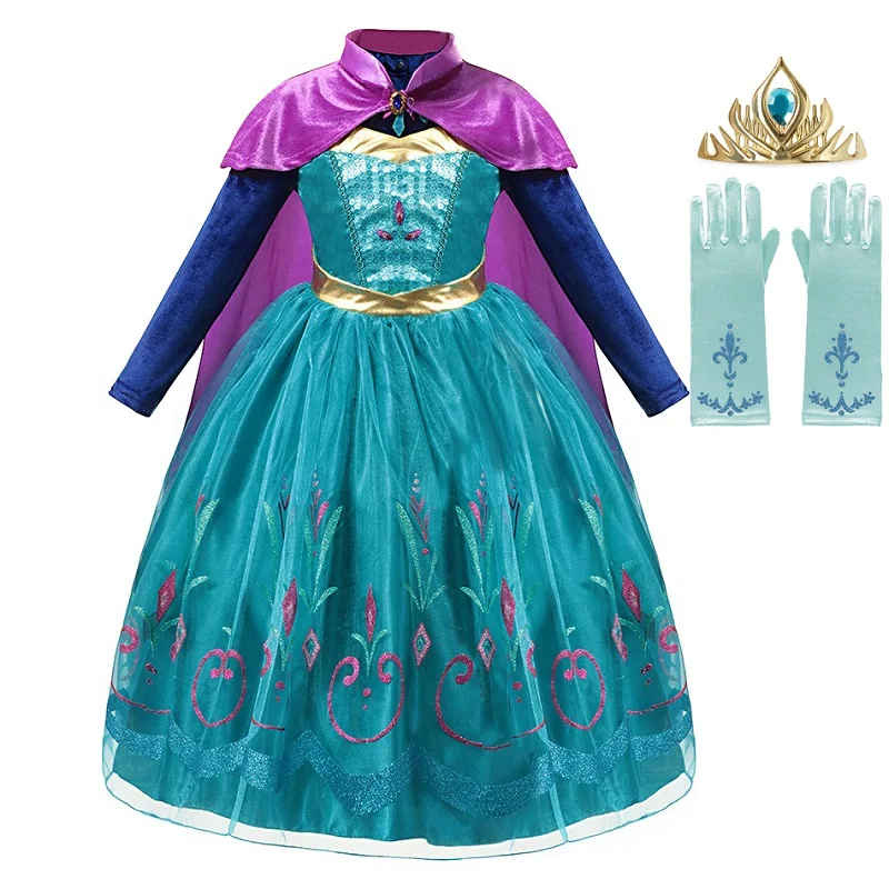 

MUABABY Girl Elsa Deluxe Fancy Dress Up Long Sleeve Anna Sequin Snow Print Fancy Princess Costume Kids Long Cloak Pageant Gown