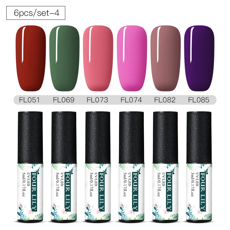 Набор гель лаков FOUR LILY 4/6 шт. полуперманентное верхнее покрытие для УФ лака 5 мл