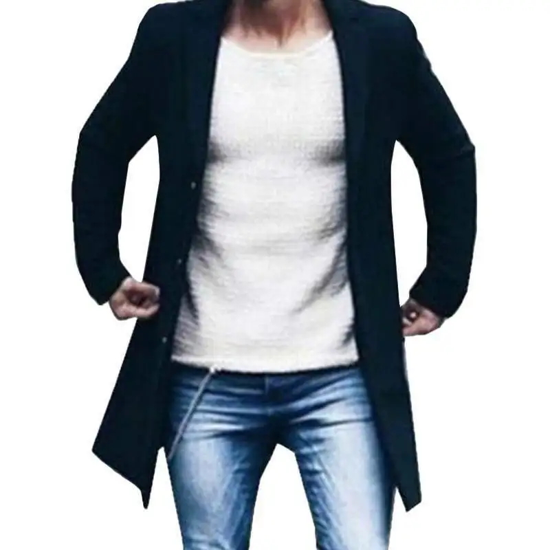 

Men Wool Trench Coat Overcoat Winter Warm Slim Button Up Long Jacket Outwears