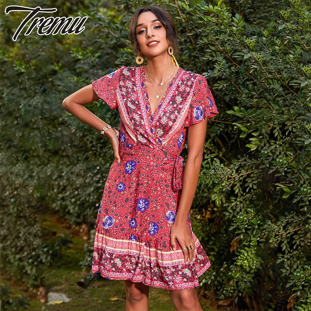 

TREMU Red V-Neck Boho Dresses for Women Summer Mini Print Bohemian Robes Vocation Dress