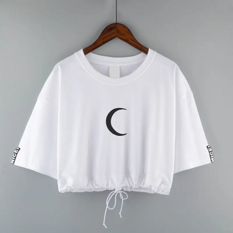 

Cotton New Short Summer High Waist Short Sleeve T-shirt Women Harajuku Style Loose Slimming Lace Up Stitching Printing Top
