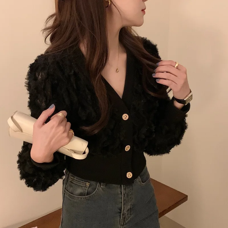 

Comelsexy Women Chic 2021 Shirt Retro French Lace Gentle V-Neck Single Breasted Long Sleeves Elegance Blouse Female Short Tops