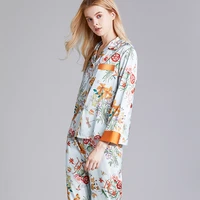 maison gabrielle floral printed silk satin pajamas set loungewear sleepwear for woman 2pcs long sleeve pyjama femme petit fit