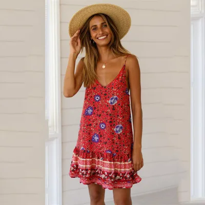 

Women's Summer Holiday Printed Bohemian Pullover Dress Ladies' Casual Loose V-neck Fashion Elegant Sling Dress Plus Size S-5XL