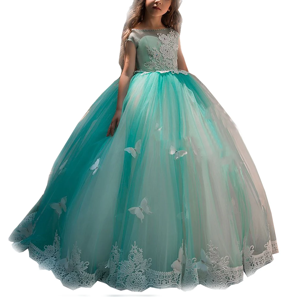 Кружевное бальное платье с аппликацией коротким рукавом | Детская одежда и обувь