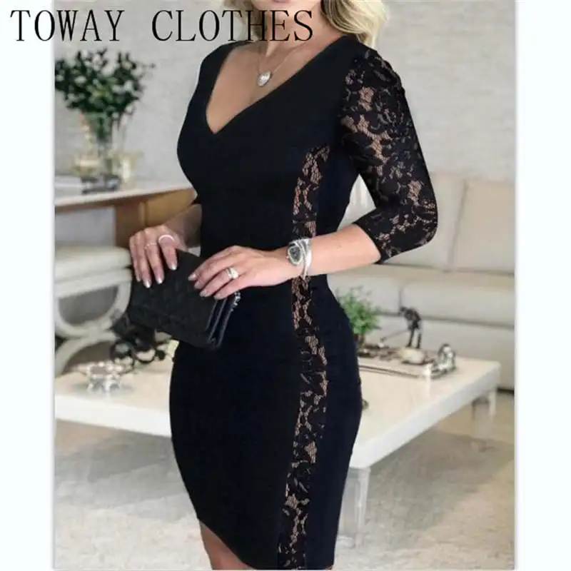 

Contrast Lace V-Neck Bodycon Dress Autumn Evening Party Bodycon Dress Sexy Long Sleeve OL Black Lace Insert Mini Dresses