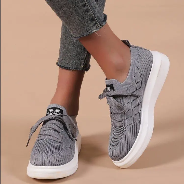 

2022 Women's Sports Shoes Mesh Breathable Women's Lace-up Running Shoes Thick-soled Increased Vulcanized Shoes Flat Casual Shoes