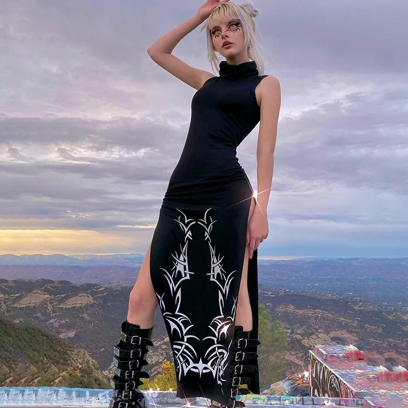 

Gothic Style Chinese Traditional Qipao Fashion Women Dress Individuality Printed High Slit High Waist Sleeveless Dark Summer