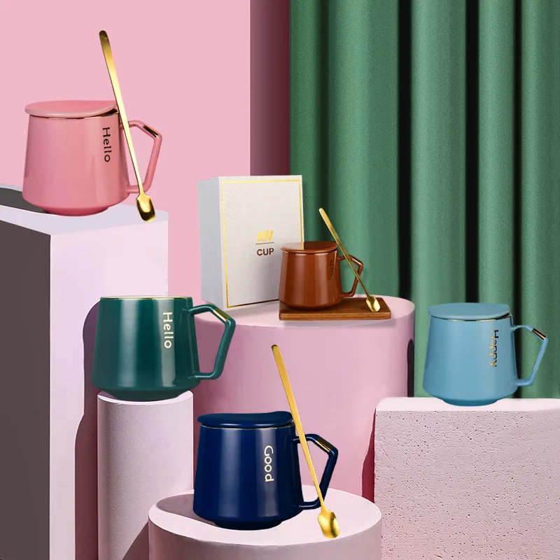 Ceramic Mug Creative Coffee Cup Set Couple With Lid Spoon Wooden Plate Gift Box 370ml large capacity |