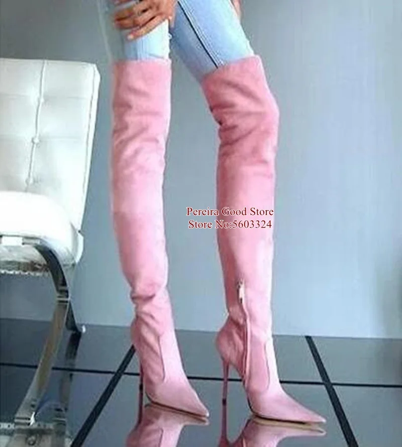 Женские джинсовые сапоги выше колена с острым носком белые розовые