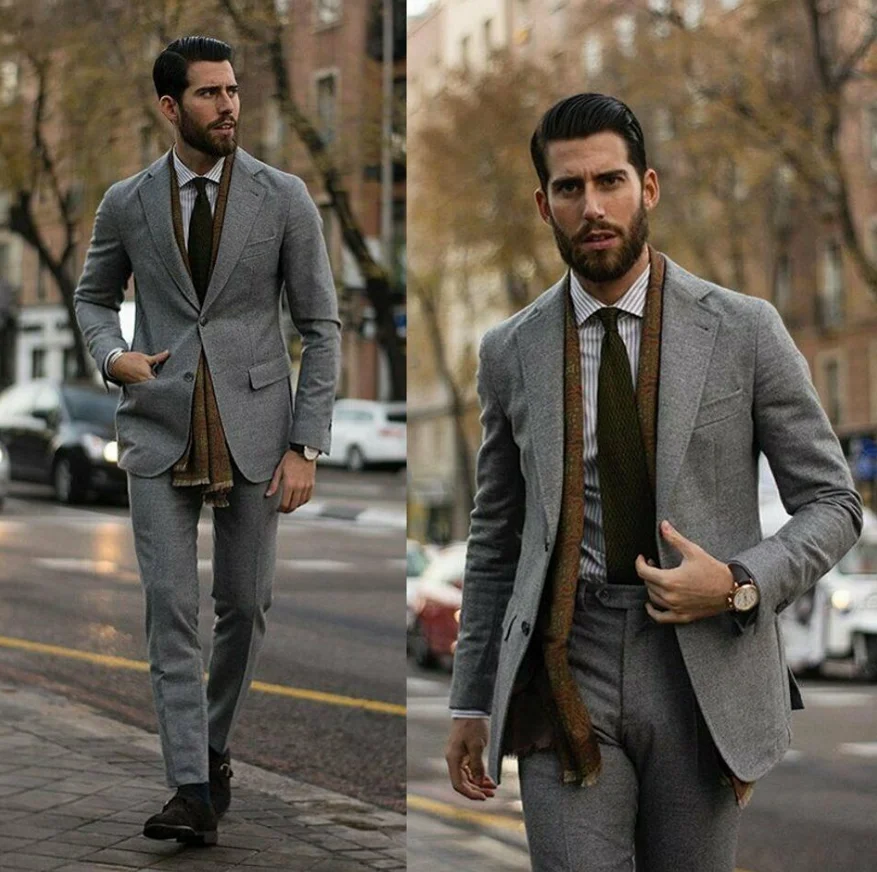 2023 Mens Gray Cashmere Blend Tweed Suits Formal Office Business Two Button Notch Lapel Work Wear Suits