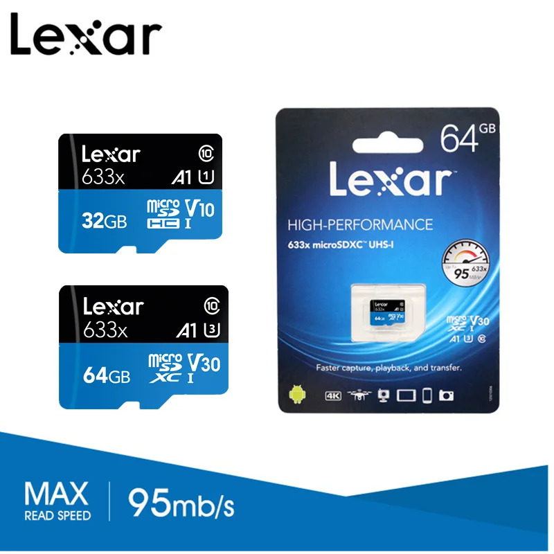 

Lexar TF Card 64GB U3 V30 Micro SD Card UHS-I Class10 U1 SDHC 32GB V10 Memory Card 633x Max 95MB/s For 3D 4K HD video Camera