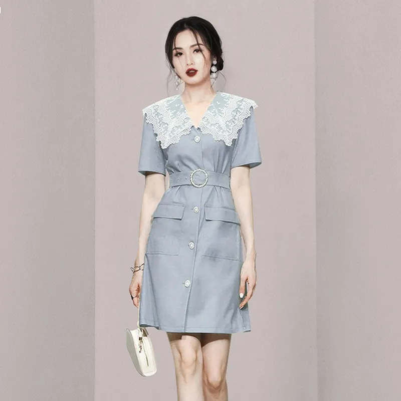 

Женское платье-трапеция с кружевом, однобортное Повседневное платье с отложным воротником и карманами, лето 2021