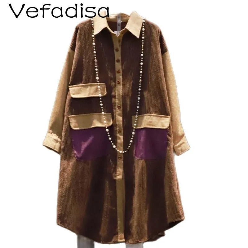 

Vefadisa Vintage Loose Plus Size Slim Corduroy Shirt Mid-length Shirt With Contrast Pockets 2021 Autumn New Women Clothing TT410