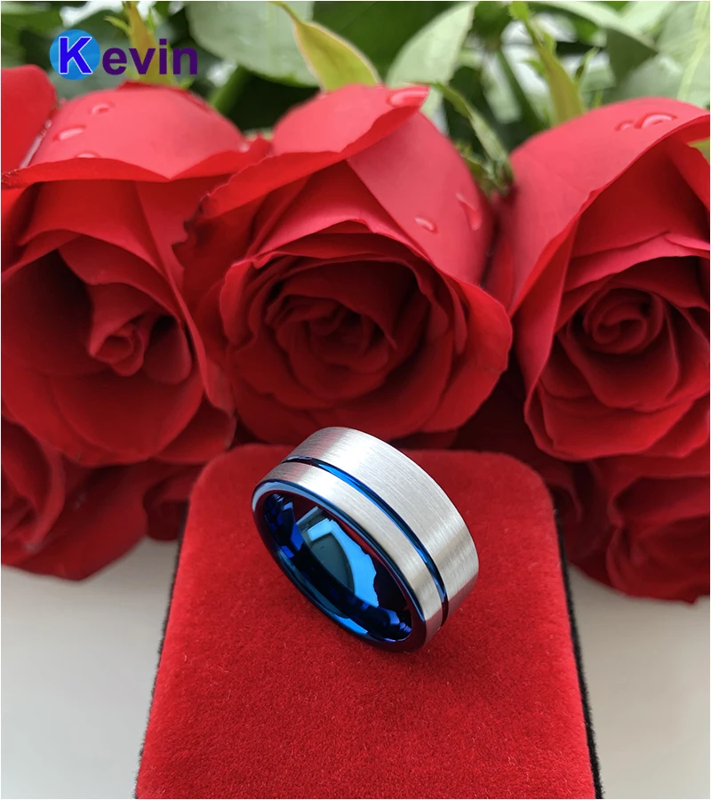 Синий Для мужчин кольцо Вольфрам s обручальное офсетная печать паз Ширина 10 мм