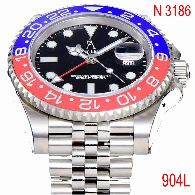 

904L luxury Red&Blue Ceramic bezel GMT- Mechanical Watches 1:1 Men sapphire glass Watch NOOB ETA 3186 AAA+