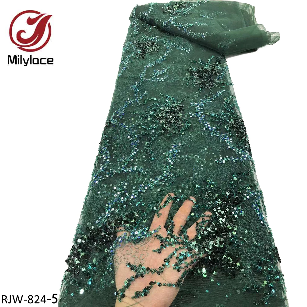 Tela de tul brillante de alta gama, con cuentas de lentejuelas pesadas, lujoso vestido de noche, RJW-824 de encaje franc&eacute;s-4