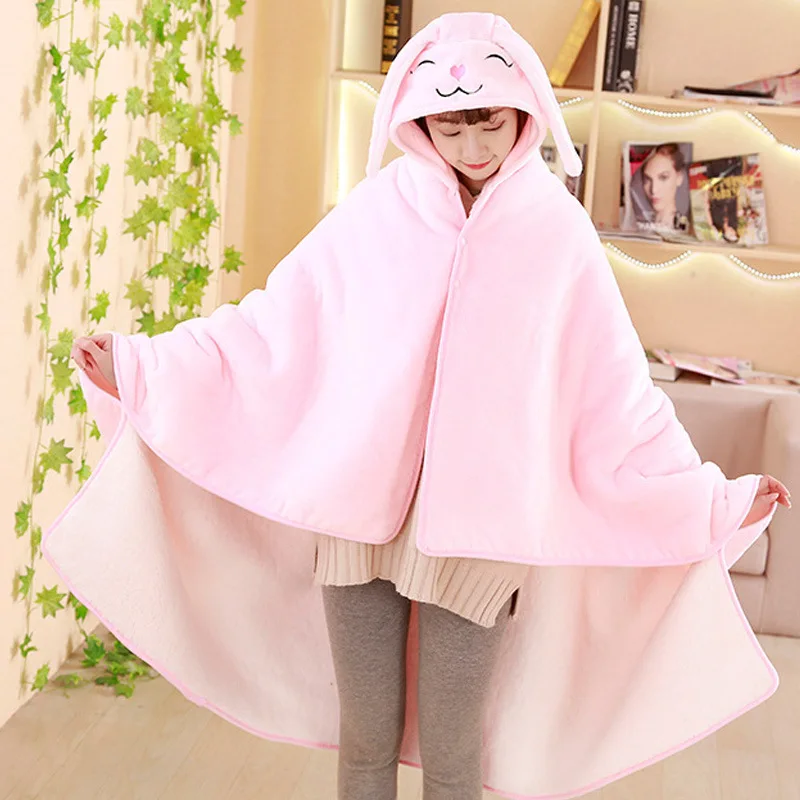 

Cute Cartoon Flannel Office Nap Lunch Break Air Conditioning Hooded Big Shawl with Sleeves Cloak Blanket