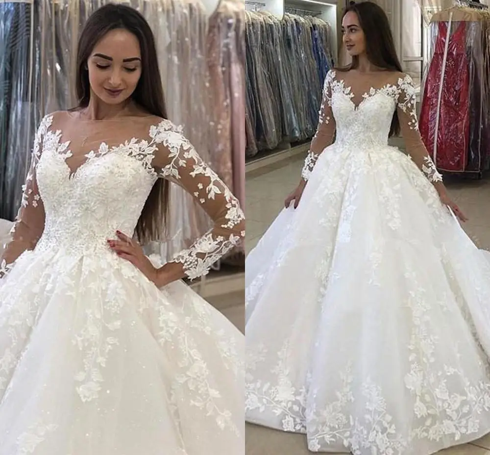 

Sheer Neck Long Sleeve Ball Gown Wedding Dresses 2021 Saudi Arabia Lace Bridal Gowns Court Train Dubai Vestidos De Novia