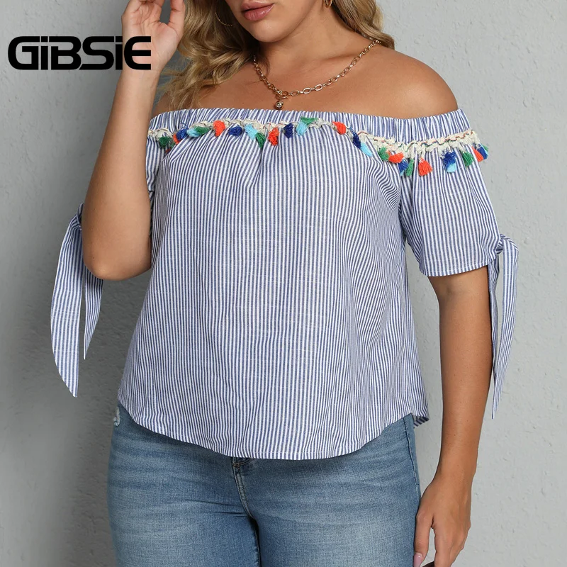 

Женская блузка в полоску, с коротким рукавом и бантом на манжетах