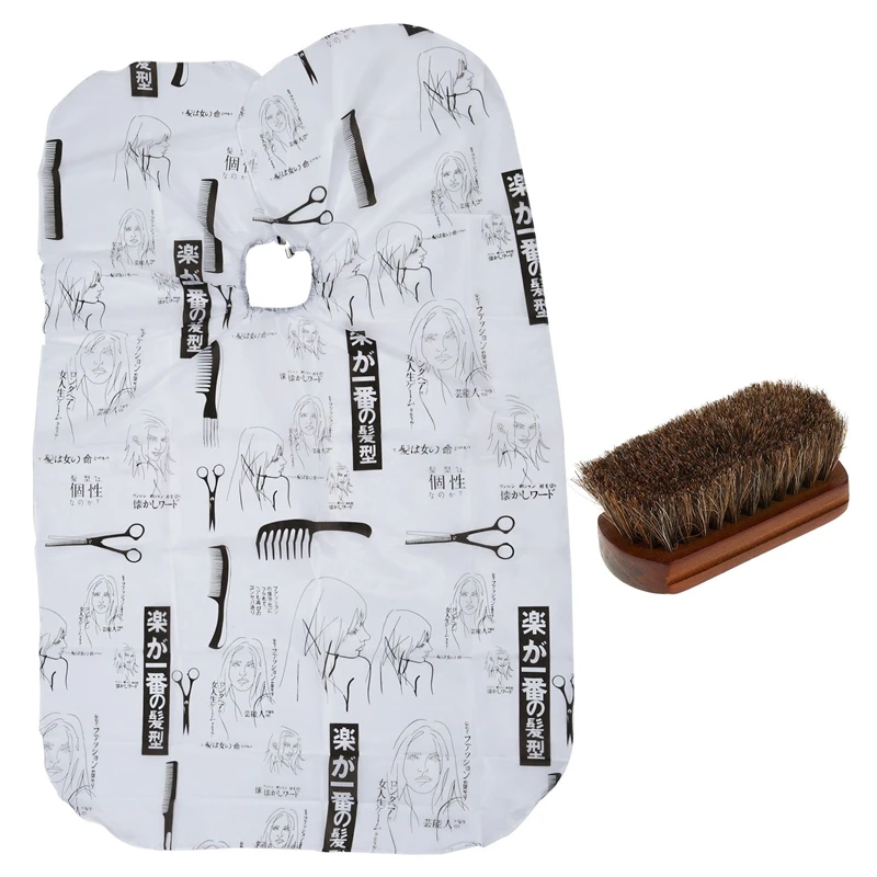 

1 Pcs Haircut Barber Gown Hairdressing Apron Black+White & 1 Pcs Wood Handle Natural Horse Hair Mustache Beard Brush