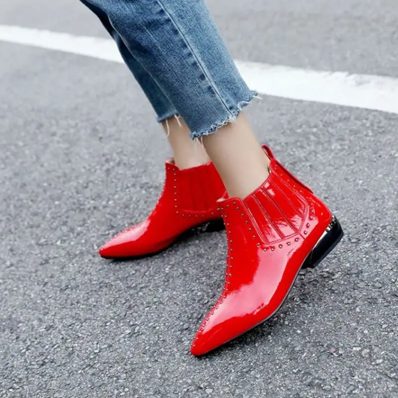 RIZABINA/пикантные женские ботильоны из лакированной кожи Балетки с заклепками и